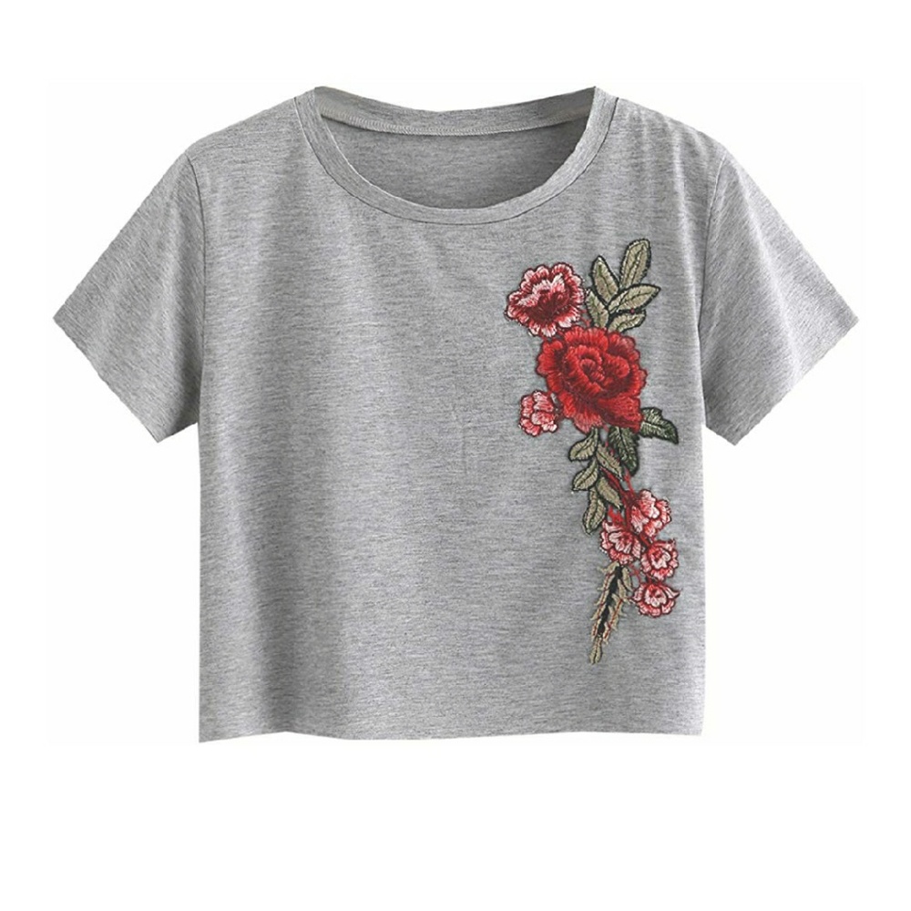 Floral embroidered short sleeve crop top